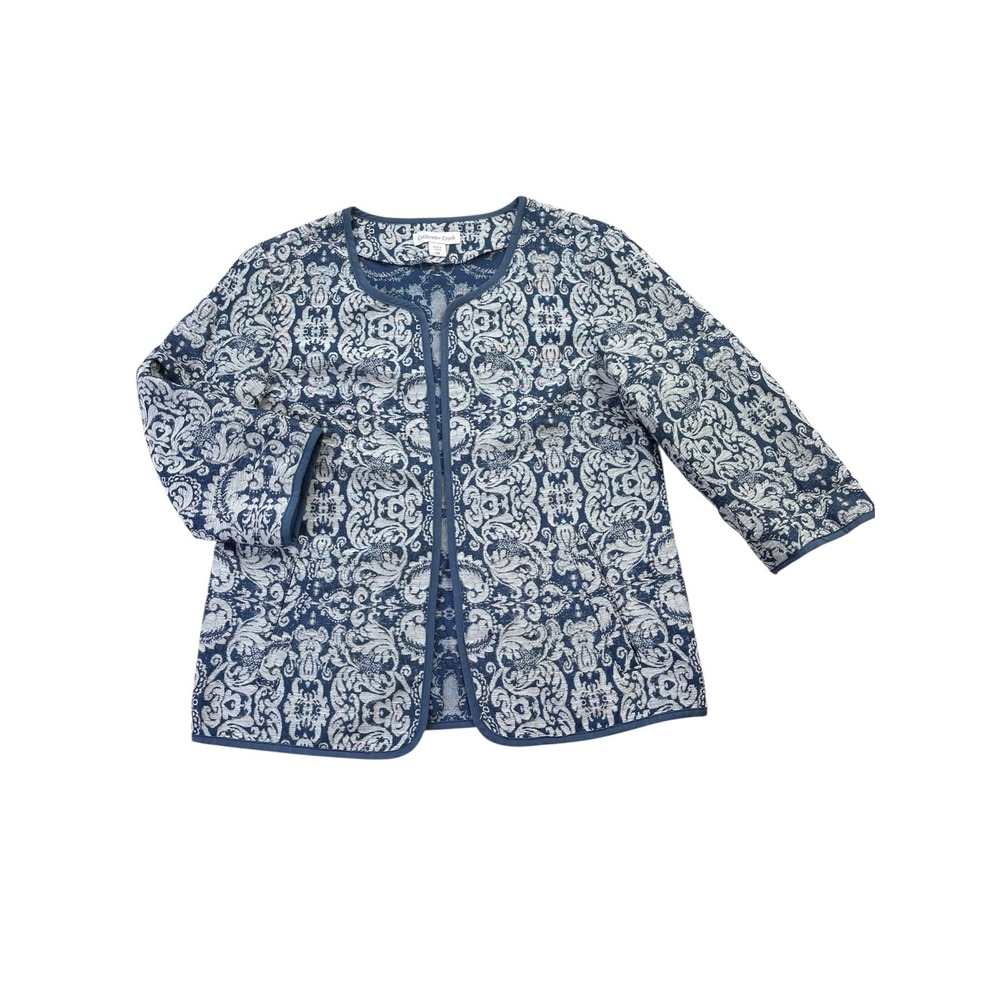 Coldwater Creek Damask Tapestry Jacket Womens sz 8 Petite Blue White CottageCore